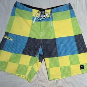 Rusty Surf Board Shorts Mens 32 Bright Patchwork Pattern Beachwear Yellow Blue